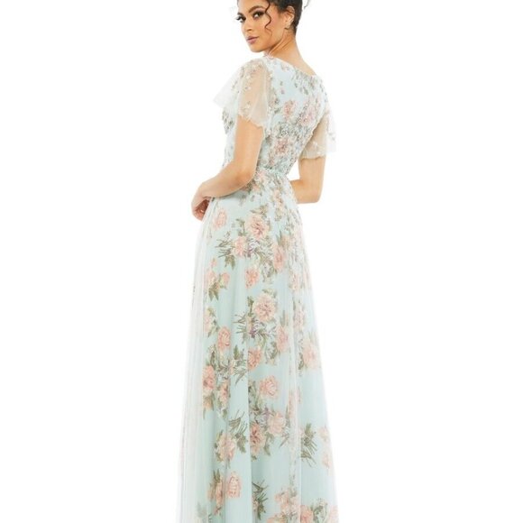 NEW Mac Duggal Blue Floral Beaded Flutter Sleeve Dress 11220 - Picture 3 of 11
